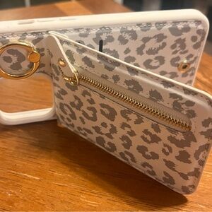 iPhone 14 pro max Case w/ Card Holder & Ring Kickstand Zipper Slim/White Leopard
